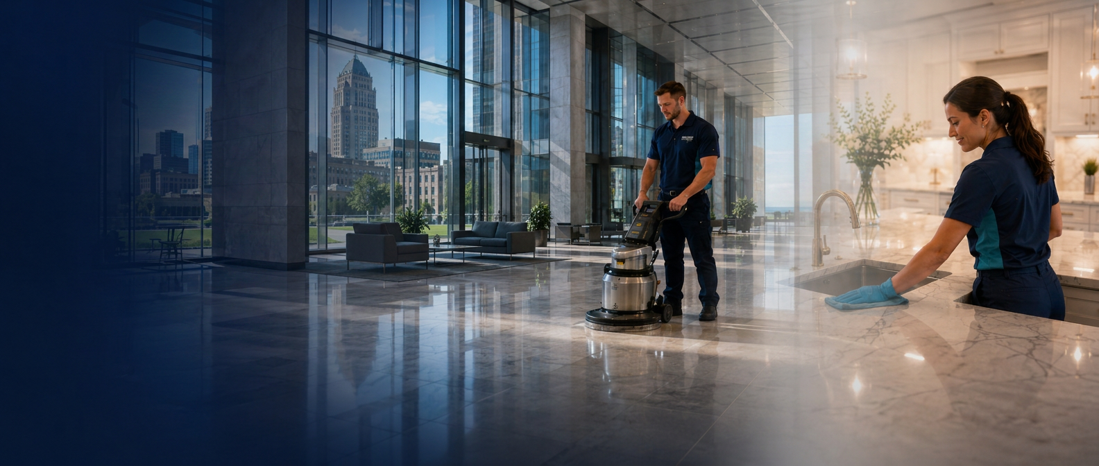 The Clean Standard WNY professionals machine-polishing a commercial lobby floor and detailing a residential kitchen in Western New York