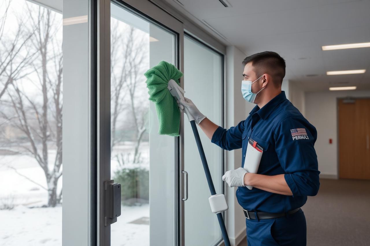Cleaning technician wiping interior glass doors in an office building lobby in the Buffalo area