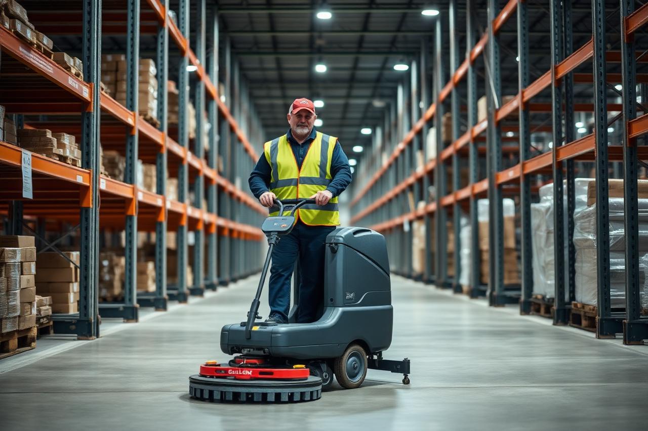 Worker in a safety vest running a floor scrubber down a warehouse aisle beside pallet racking