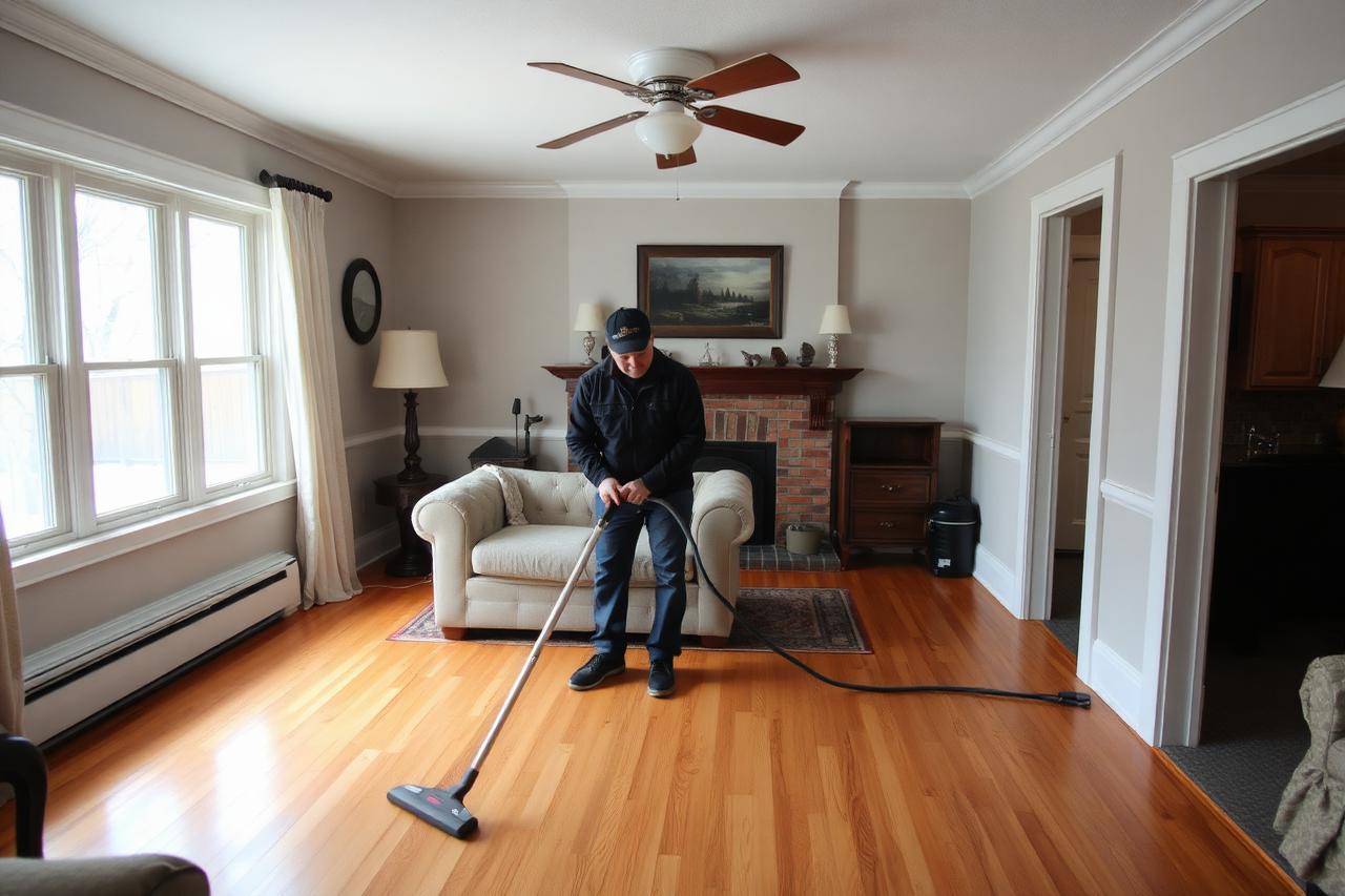 Cleaner vacuuming the hardwood living room floor of an older Western New York home in winter