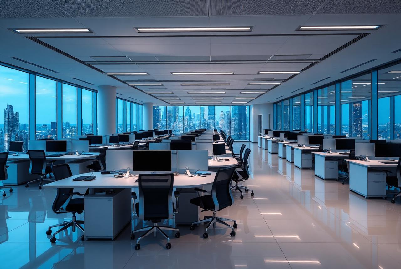 Cleaning crew servicing a downtown Buffalo office floor in the evening