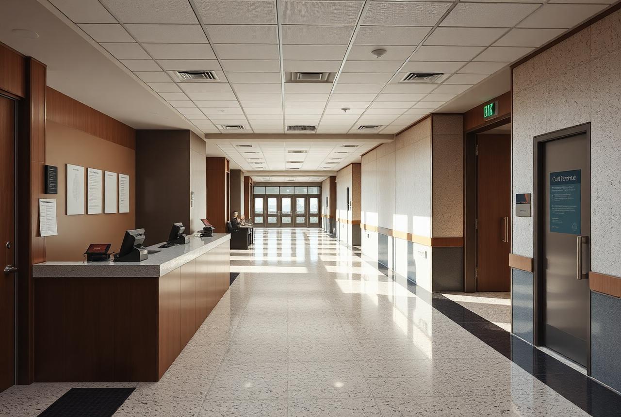 Municipal building corridor and public service counter with a polished terrazzo floor