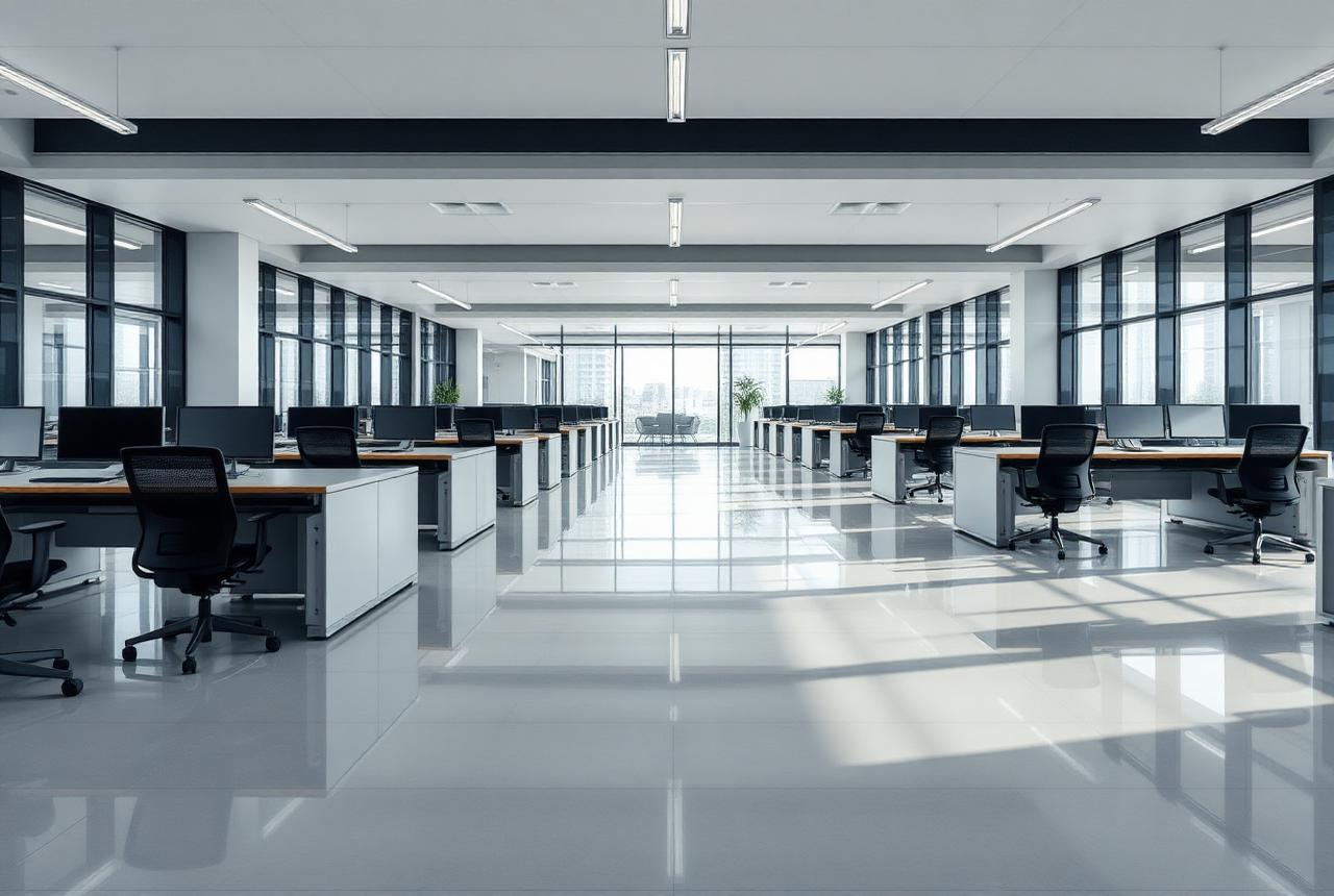 Cleaning technician servicing a Western New York professional office suite after hours