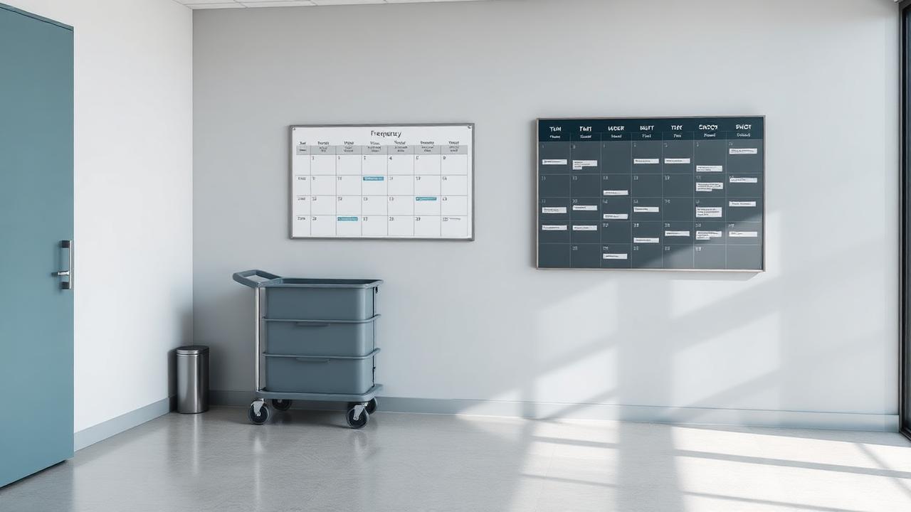 Cleaning cart beside a wall schedule in a bright commercial corridor