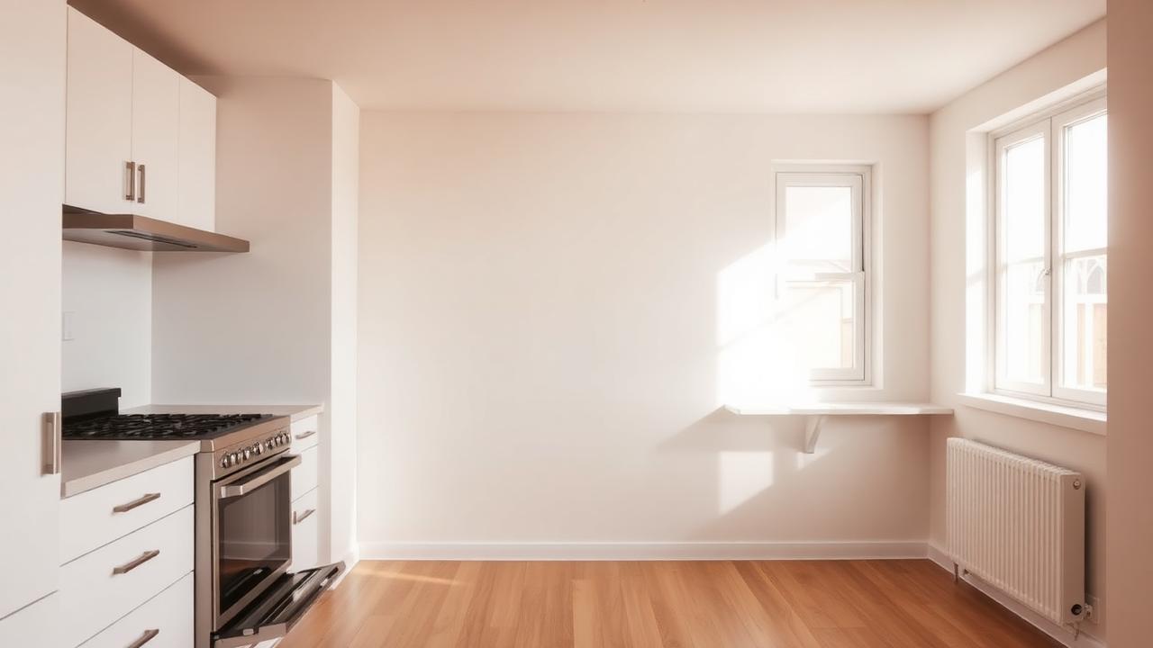 Freshly cleaned empty apartment kitchen ready for a new tenant